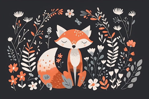 Photo a fox with flowers and leaves