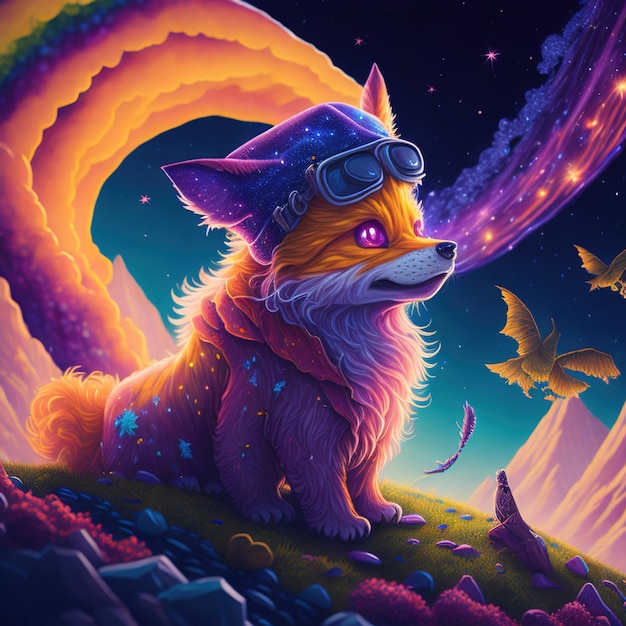 A fox with a hat and glasses sits on a hill with a rainbow and a flying bird in the background.