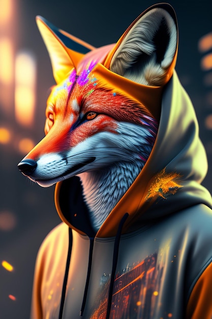 A fox with a hoodie that says'fox'on it