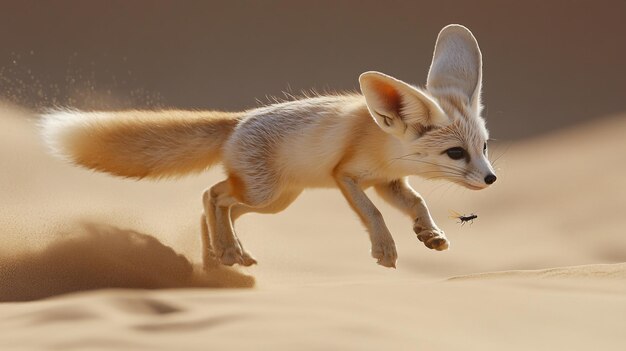 a fox with a mouse in its mouth running in the sand