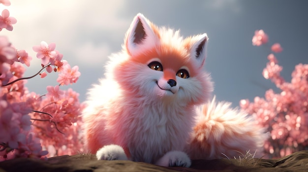 A fox with a pink nose sits on a rock with pink flowers in the background.