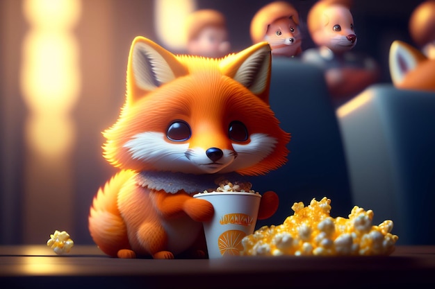 A fox with popcorn and a cup of popcorn