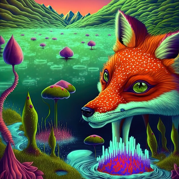 Photo a fox with a red head is in a pond with other alien animals