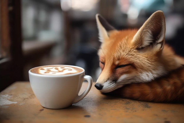 Fox With Sleepy Gaze Holding Chai Latte Generative AI