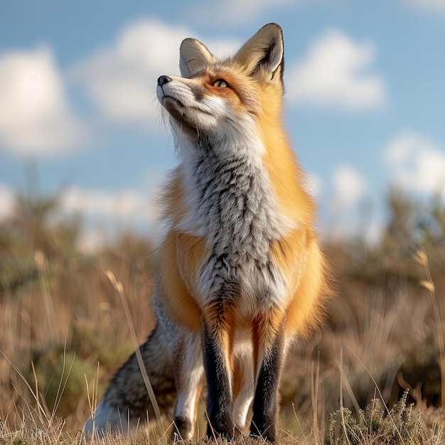 a fox with a tag on its ear stands in a field