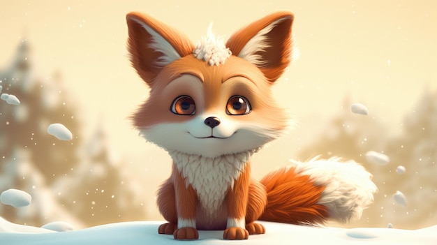 A fox with a white nose and brown eyes sits on a snow covered ground.