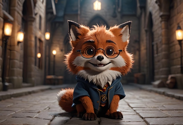 A Fox in a Wizards Robe Sitting in a Cobblestone Alley