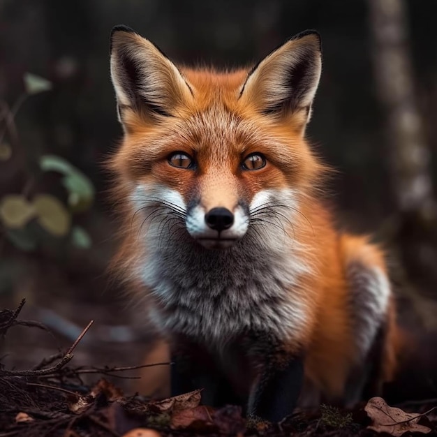 A fox in the woods with a dark background