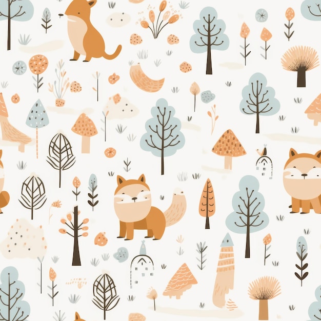 Foxes and Trees Pattern on White Background