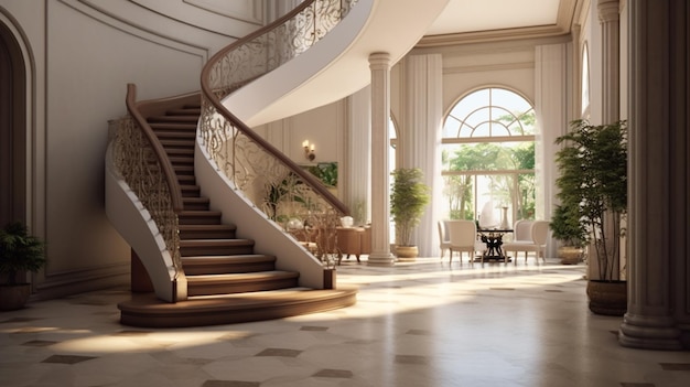 Foyer with curved staircase Generative AI