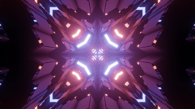 Fractal 3D illustration of abstract symmetric pattern with bright neon illumination and purple lights in darkness