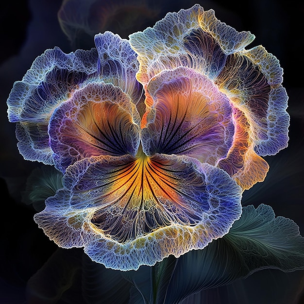 Fractal of blue and gold pansy flower petals with transparent black background fractal art