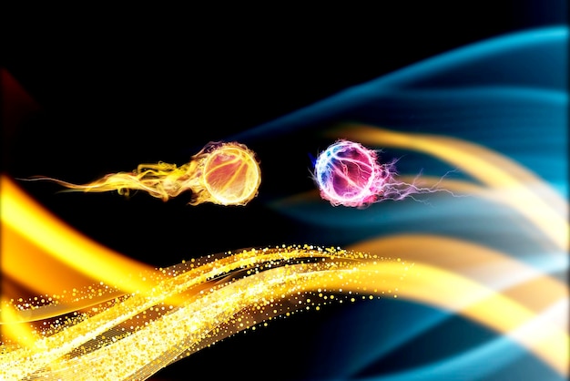 Fractal and Burning basketball isolated on black background electric effect and fire effect