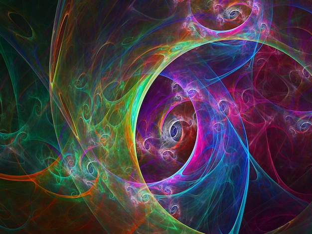 Fractal colored abstract  round curves and lines on black background