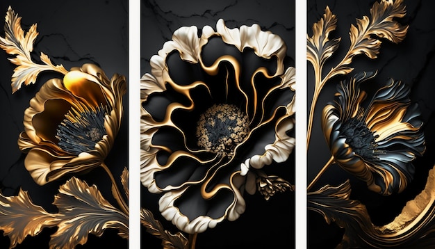 fractal flowers golden and black liquid marble background