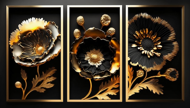 fractal flowers golden and black liquid marble background