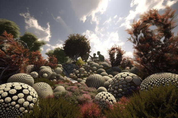 Fractal garden with bushes and trees in the distance created with generative ai