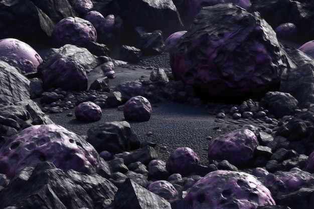 Fractal illustration of purple rock with black sand background