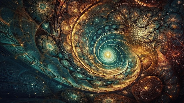 A fractal image of a spiral with a blue and gold pattern