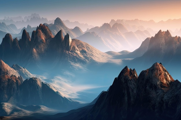 Fractal landscape with towering mountain peaks and misty valleys