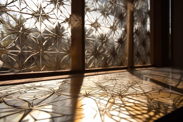 Fractal pattern on a windowpane with sun shining through it created with generative ai