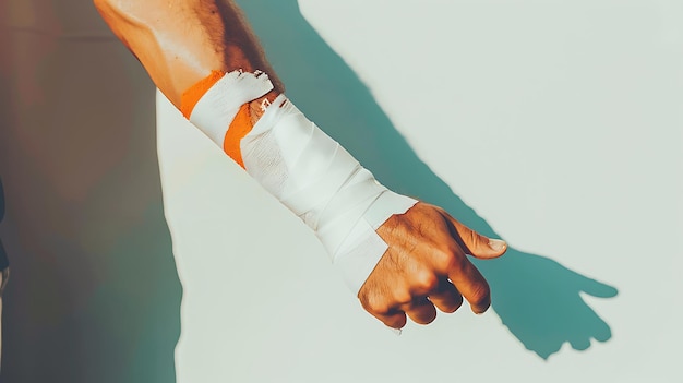 Photo fractured arm in a plaster cast closeup shot with visible injury