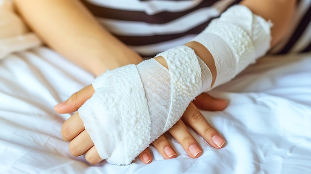 Photo fractured arm in a plaster cast closeup shot with visible injury