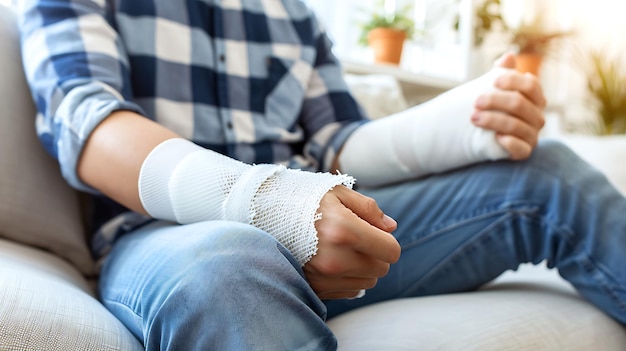 Photo fractured arm in a plaster cast closeup shot with visible injury