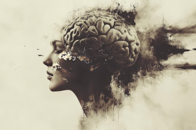 Fractured Mind A Surreal Artistic Illustration of a Womans Head Disintegrating into Abstract Pieces