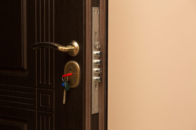 Fragment of brown metal entrance door with a lock and key. Space for text