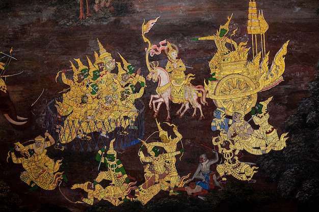 Fragment of a fresco with scene from the Ramakien at Wat Phra Kaew or Emerald Buddha Temple a touris