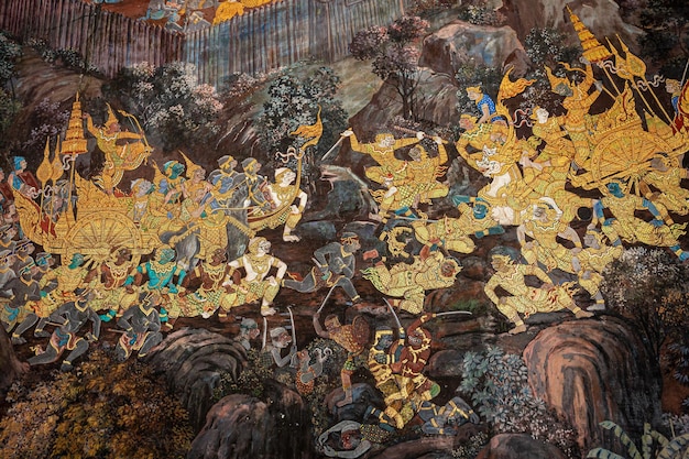 Fragment of a fresco with scene from the Ramakien at Wat Phra Kaew or Emerald Buddha Temple a touris