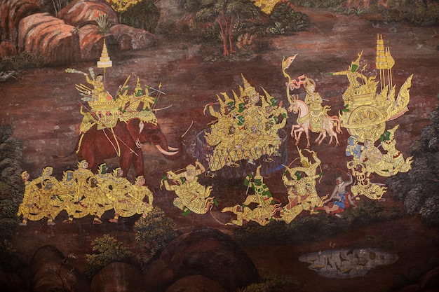 Photo fragment of a fresco with scene from the ramakien at wat phra kaew or emerald buddha temple