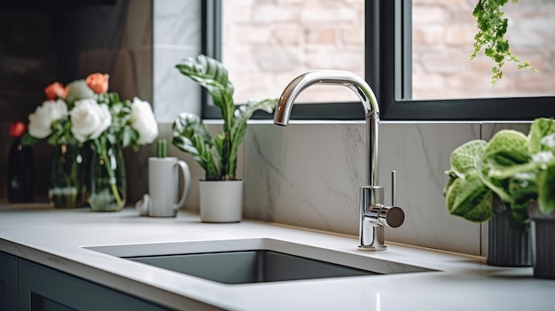 Fragment of a modern kitchen with a window quartz stone countertop with integrated stainless steel s