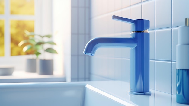 Fragment of a modern luxury kitchen with white tile backsplash on the background White stone countertop with builtin sink light blue faucet Closeup Contemporary interior design 3D rendering