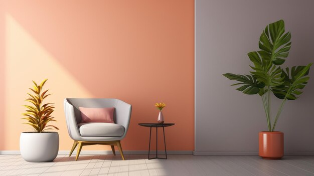 Fragment of modern minimalist living room in pastel orange pink and gray tones trendy armchair