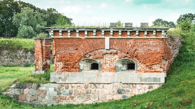 Fragment of an old Russian fortress Dinaburg of the 19th century in Daugavpils Latvia made of bricks and boulders