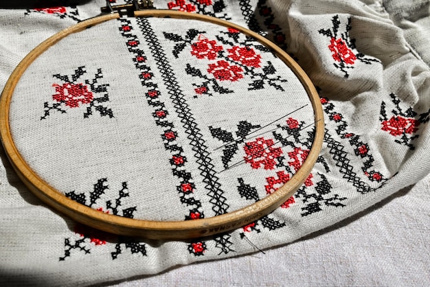 Fragment of Ukrainian national dress Vyshyvanka ethnic clothing with embroidery patterns red and black threads Closeup shot copy space