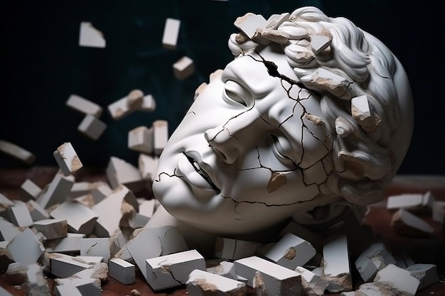 Fragmented Ancient Greek Statue A Head Falling into Pieces Generative AI