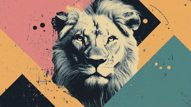 Fragmented lion design in neo brutalism style with bold colors and geometric shapes