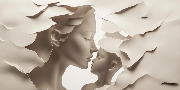 Fragmented paper cutout of a woman and child highlighting motherhood