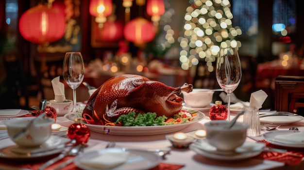 Fragrant baked duck with a crispy crust on a large white dish decorated with fresh lettuce and chery