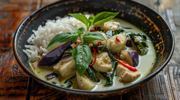 A fragrant bowl of Gaeng Keow Wan Thai green curry with succulent chunks of fish Thai eggplant and basil leaves served with steamed rice