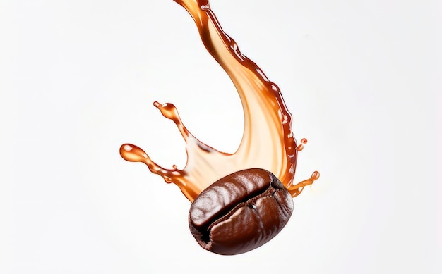 fragrant coffee beans in a splash of fresh coffee drink on a white background