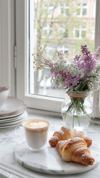 Fragrant crispy croissants on a marble board a cup of latte and a bouquet of wild flowers