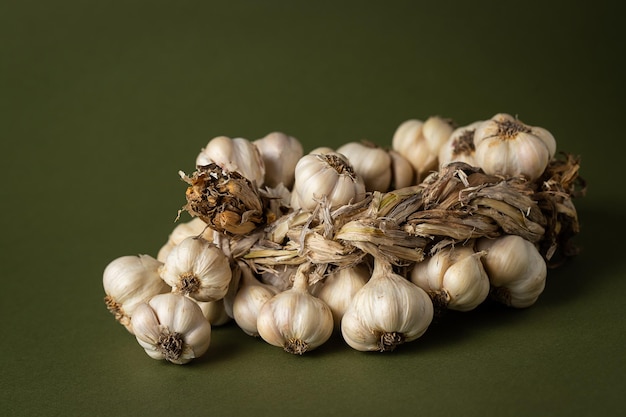 Fragrant Garlic wreath lies on olive background Agriculture and farming