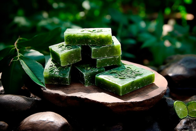 Fragrant handmade soap made from olives pistachios and limes Organic soap in a beautiful color of cold matches and greens Candles comfort and flowers AI generation