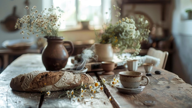 Fragrant hot bread on a wooden board surrounded by wild flowers and hot aromatic coffee on a wooden