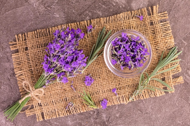 Fragrant lavender flowers. Lavender harvest. Flat lay.