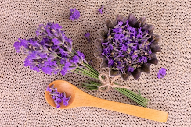 Fragrant lavender flowers. Lavender harvest. Flat lay.